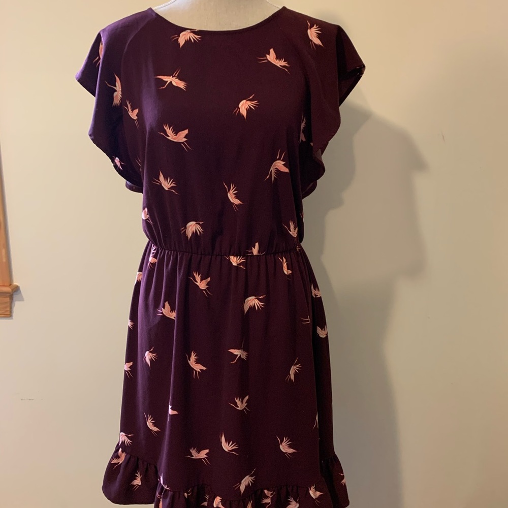 A New Day Flutter Sleeve Crane/Bird Print Dress